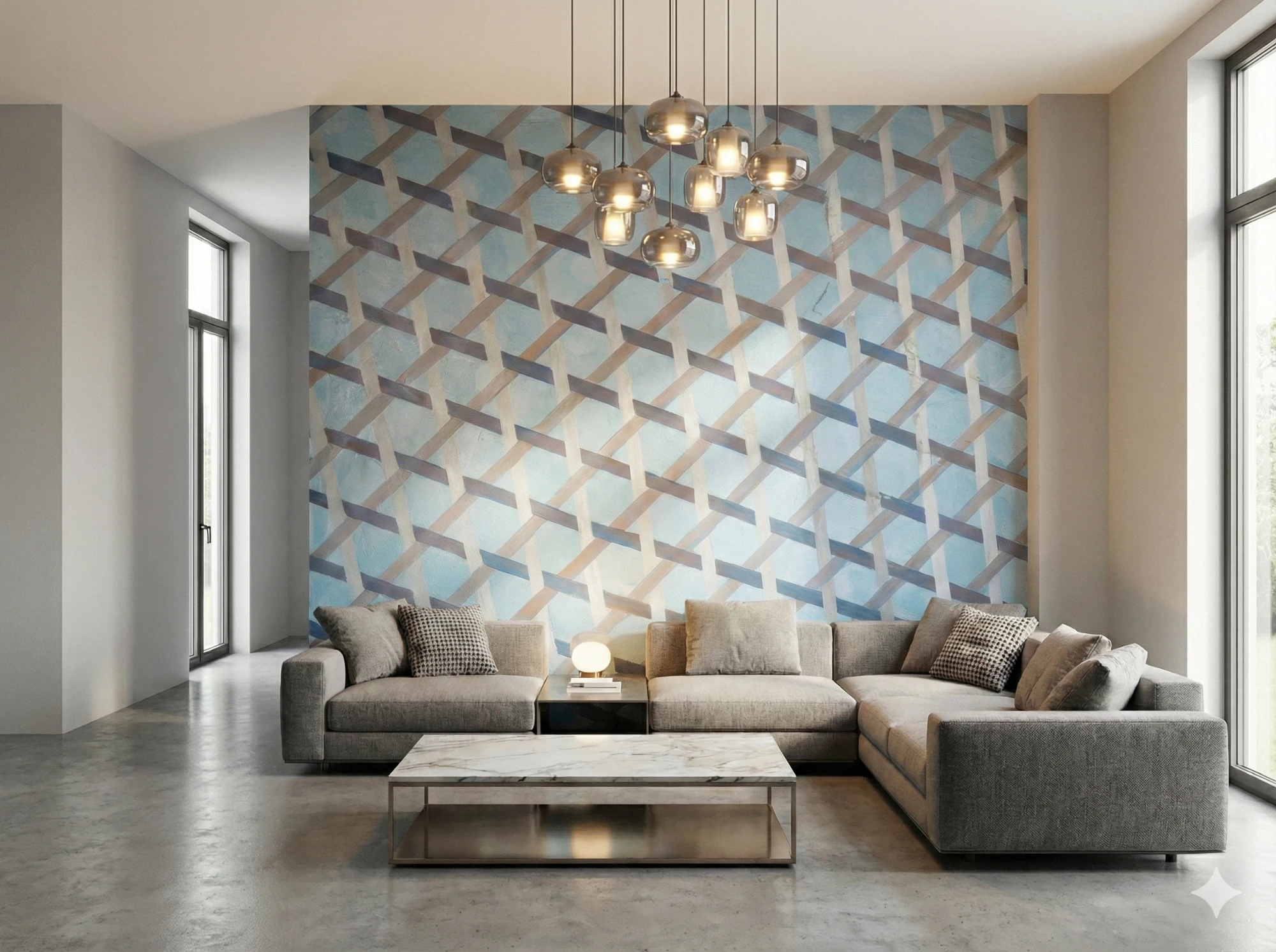 Malba modrého pletence v obývacím pokoji — technika Decor
