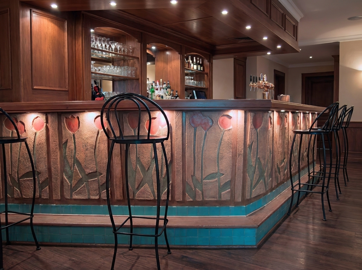 Art deco bar s plastickou stěrkou a květinovým reliéfem